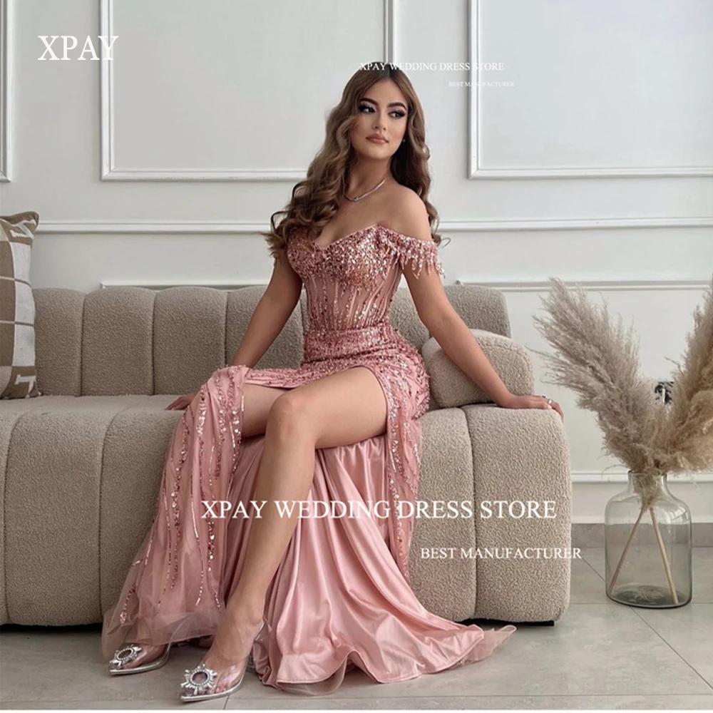 

XPAY Blush Pink Glitter Dubai Arabic Women Prom Dresses Off the Shoulder Tassel Boning Split Evening Gowns Formal Party 2023