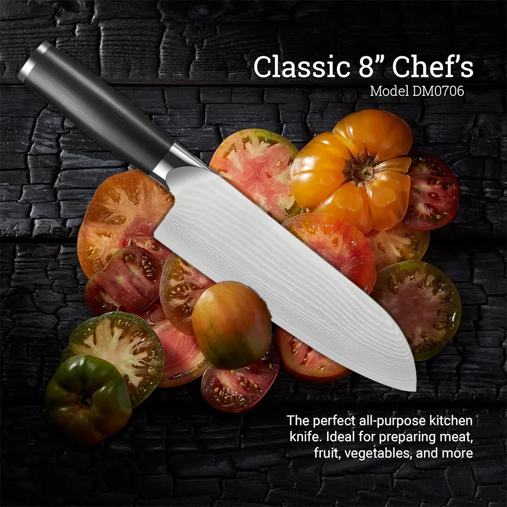 Santoku-Messer, ultrascharfes Kochmesser aus Damaststahl VG10, multifunktionales Profi-Küchenmesser zum Hacken von Fleisch und Fisch – Detail 3