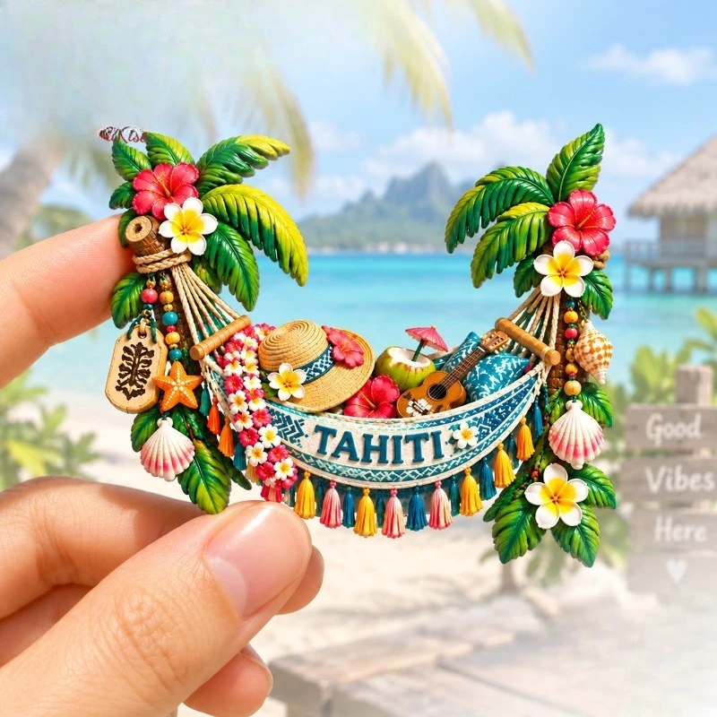 Tahiti Island Hammock Fridge Magnet - Relaxing 3D Tropical Souvenir Unique South Pacific Gift for Travel & Coastal Decor
