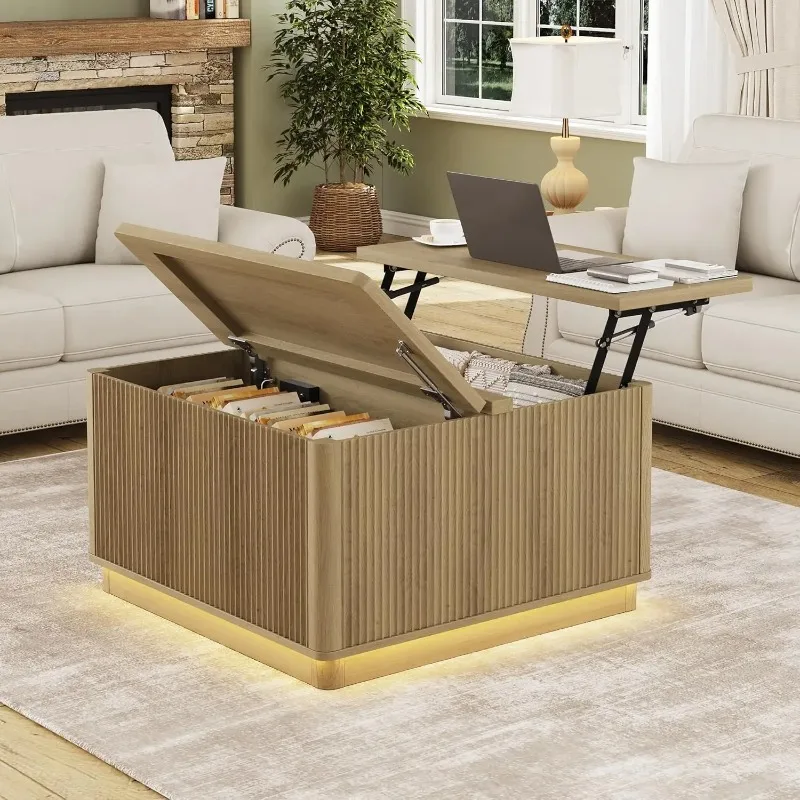 #Lift Top Coffee Table with Storage LED Light Power Outlet Wooden Center Table for Living Room Home Office Natural, Customized