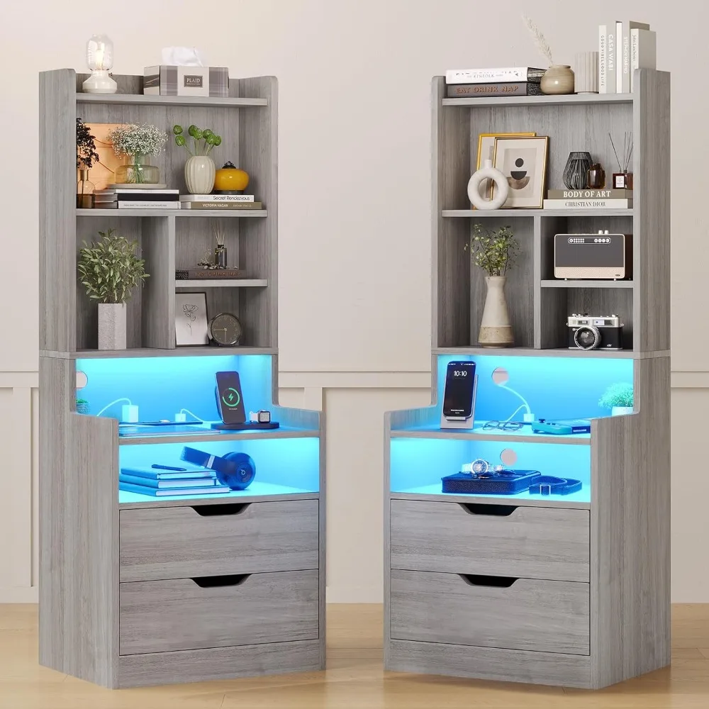 Grey Nightstand Set of 2,Night Stand with Charging Station and LED Lights, Tall Bedside Table with Bookshelf, Customized
