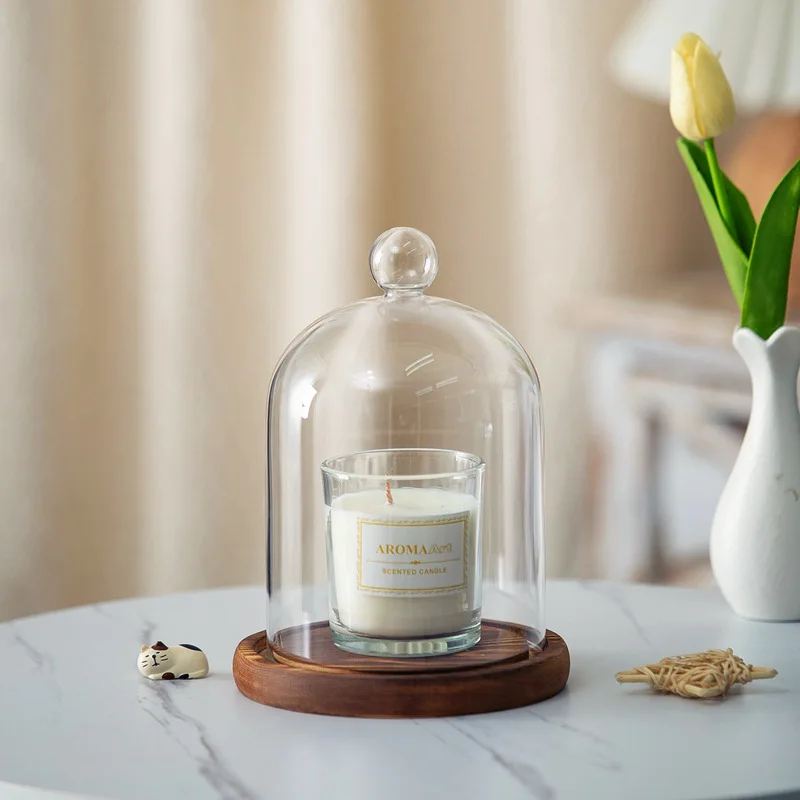 Aromatherapy Candle Holder Ornaments Dust-proof Glass Cover Wooden Base Aromatherapy Candle Cover Display Box Home Decoration