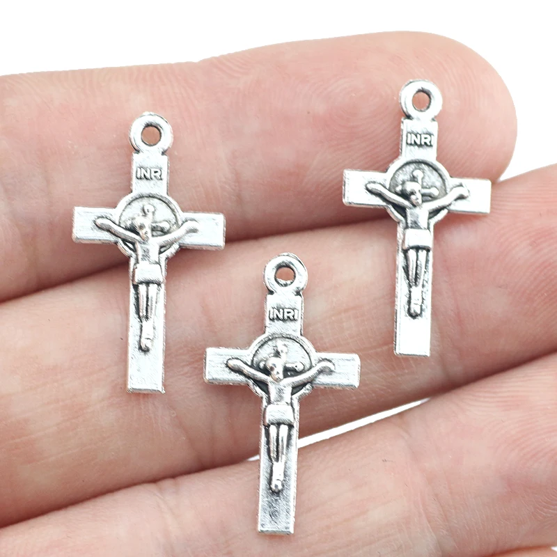 Newest 40Pieces 13*23mm Mixed Alloy Antique Silver Color Jesus Cross Charms Necklace Pendant Accessory For DIY Jewelry Making