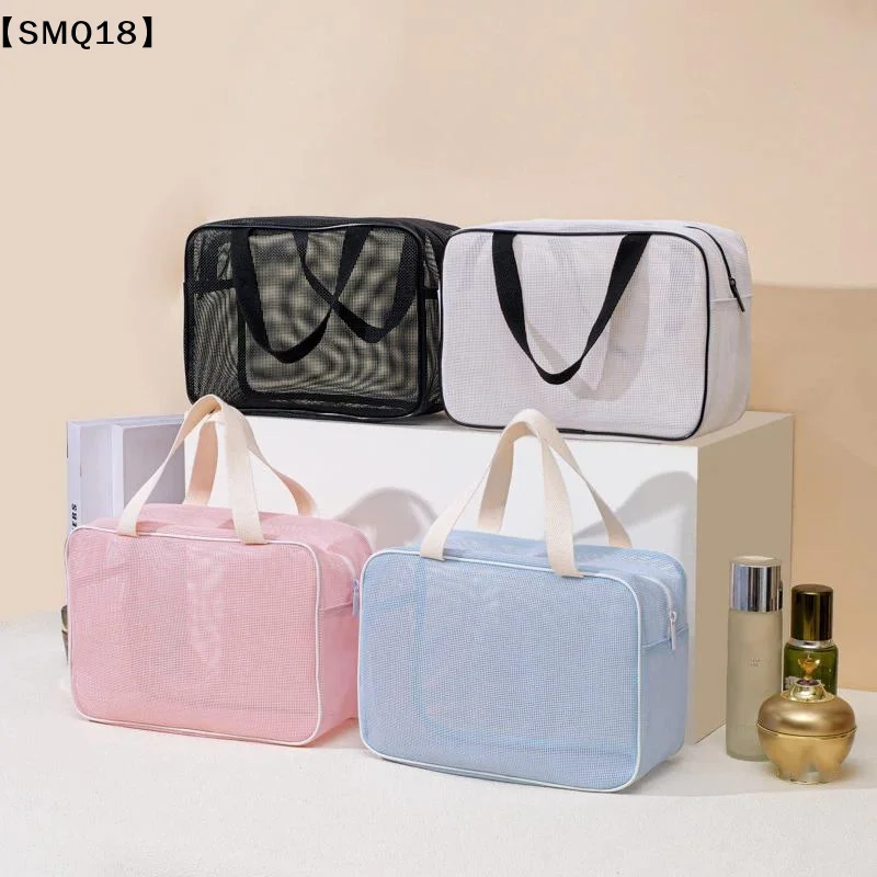 Breathable Mesh Cosmetic Bag Portable Transparent Toiletry Organizer With Handle For Travel Beach【SMQ】