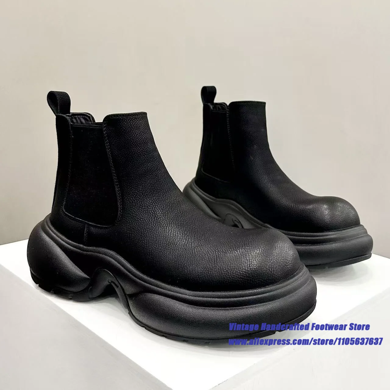 Black Leather Elastic Band Men's Chelsea Boots Round Toe Slip On Ankle Booties Luxury Designer Vintage Handcrafted Men's Boots