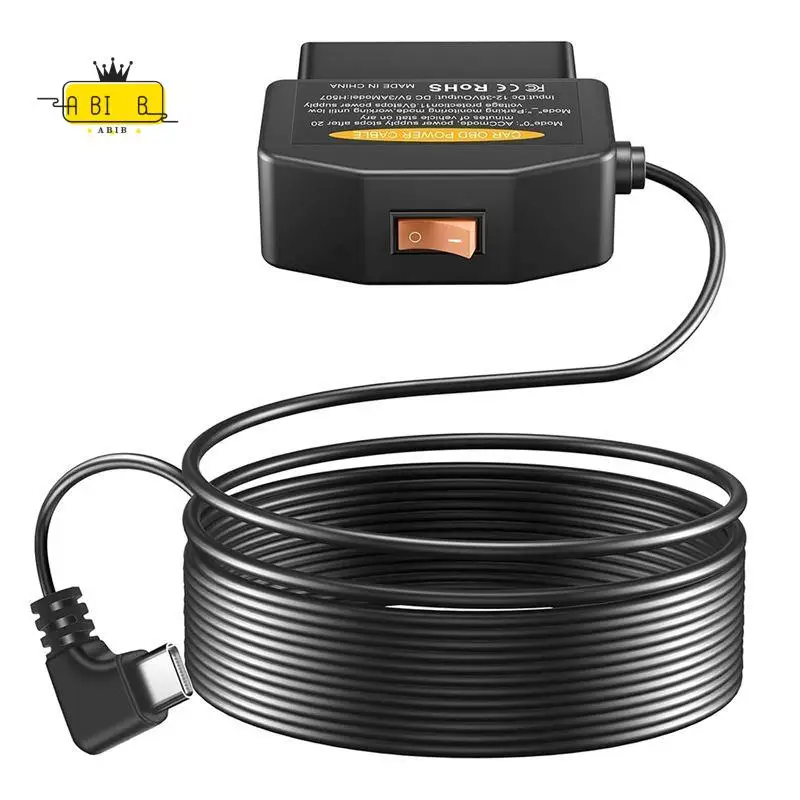 ABIB -OBD2 OBD Power Cable For Dash Camera, OBD To Type-C USB OBDII Adapter Hardwire Charger Cable, 12-36V To 5V/3A