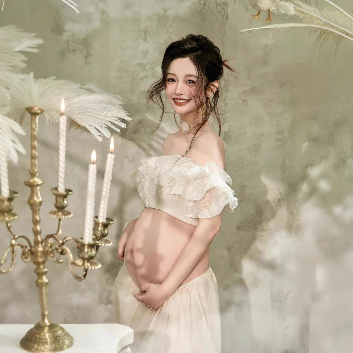 Women Ruffles Tube Top with A-line Skirt 2pcs Set for Photography Shooting Elegant Photo Clothing Maternity Pregant Photo Shoot view 4