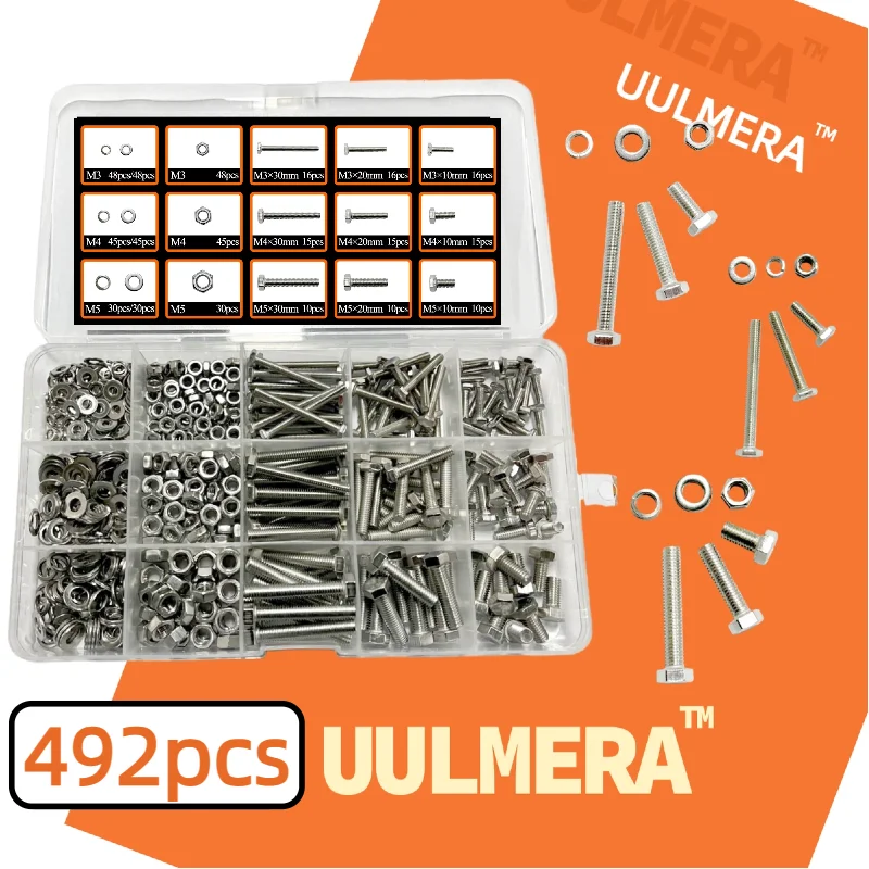 

Набор болтов с шестигранной головкой UULMERA, 492 шт./м³, из нержавеющей стали M4 M5, включая гайки, пружинные шайбы, плоские шайбы, шестигранные винты.