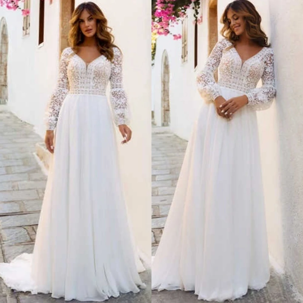 

Customized Fashion V-Neck Chiffon Evening Dress Modern Long Sleeves Prom Dresses Temperament Sweep Train Special Occasion Gowns
