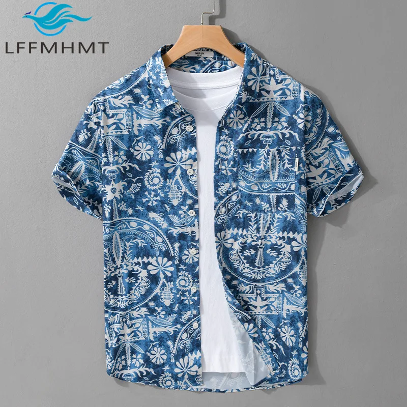 

Summer Fashion Brand Printed Short Sleeve Vintage Shirt for Men Youth Beach Holiday Chic Daily Blouse Tops Male 732