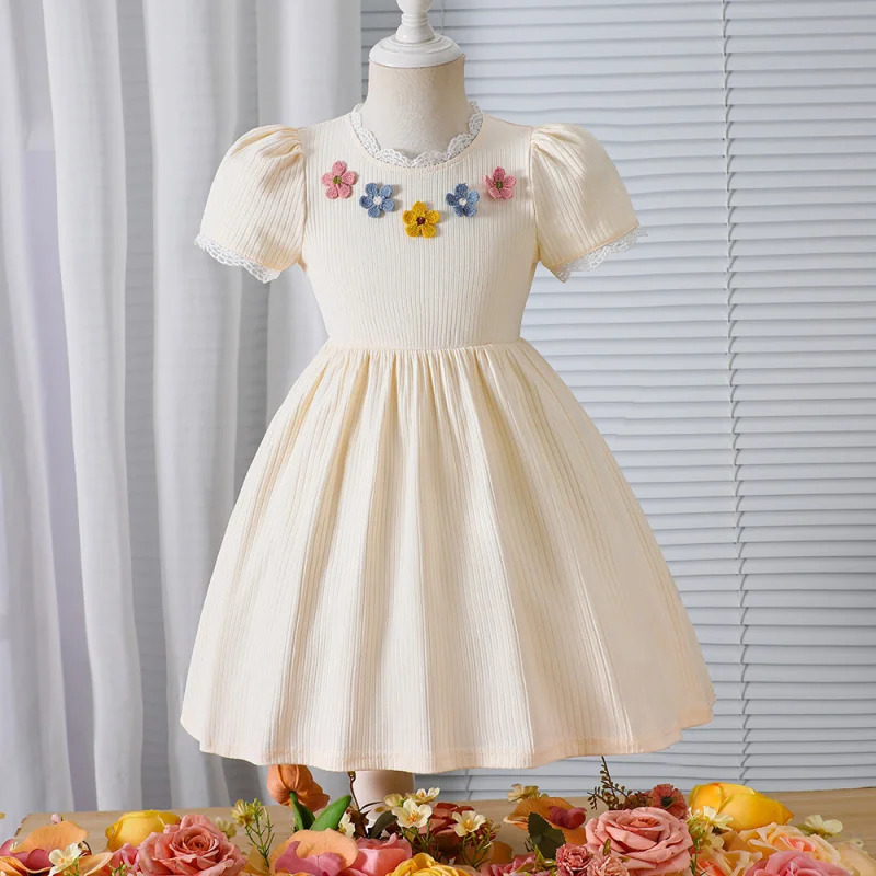 

EWChildren's Clothing New Summer Dress for Girls with Puff Sleeves and Colorful Floral Knit DesignQ2150