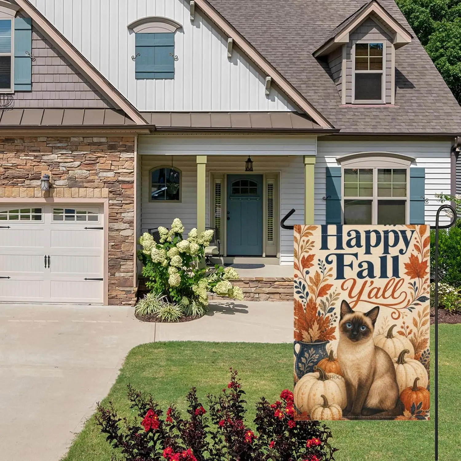 Happy Fall Yall House Flag 28x40 Inch Siamese Cat Pumpkin Arrangement Autumn Floral Farmhouse Window Rustic Vintage Cottage  aaz