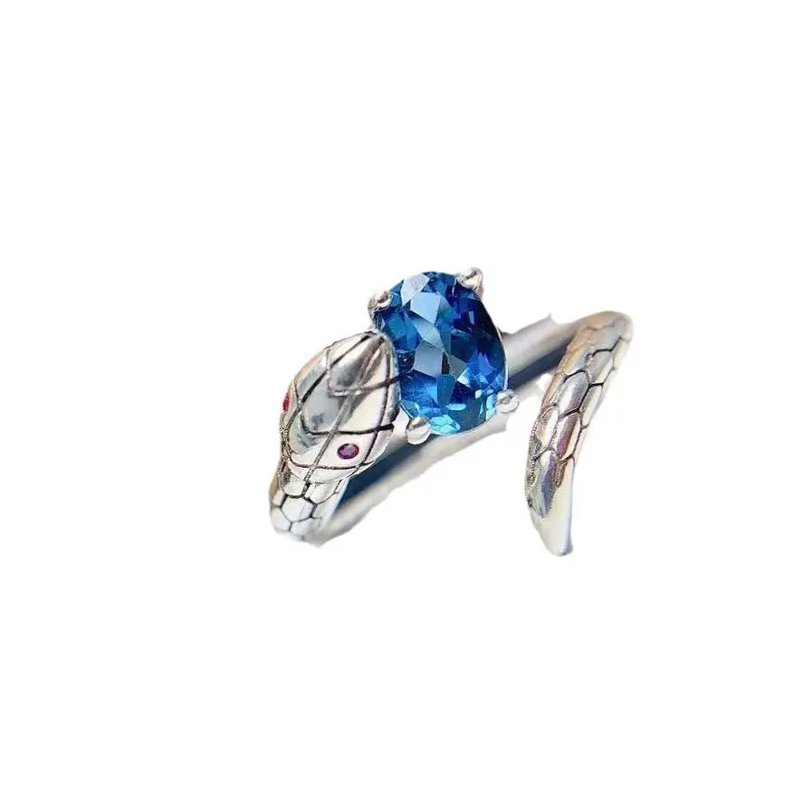 

ZECAA Topaz Fine Jewelry Woman Blue Topaz Snake Ring With Natural London Blue Topaz Gemstone 5*7mm Silver Topaz Snake Ring