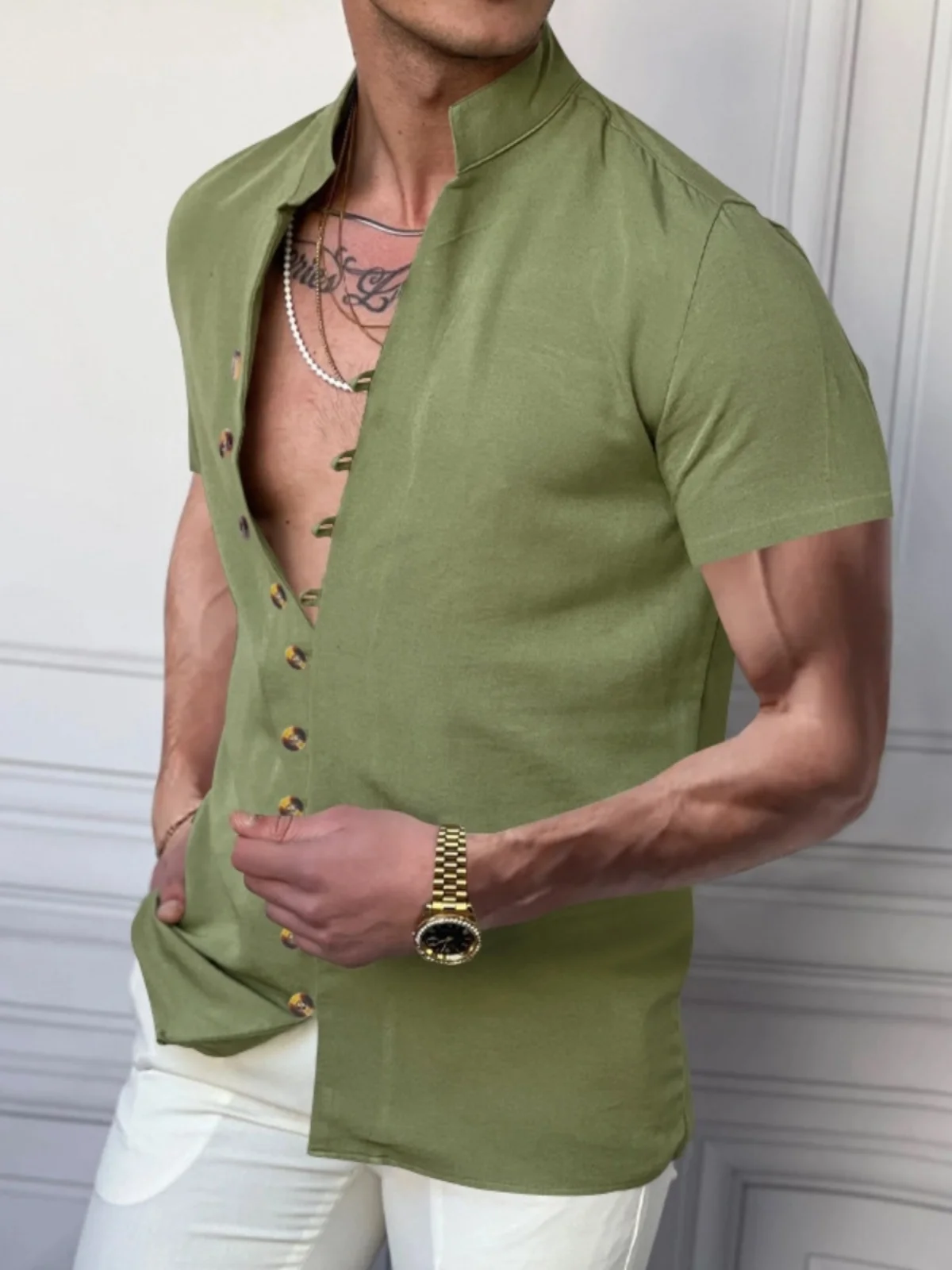 

Sli Vintage Pure Color Button up Collar ort Sve irt Loose Fit Youth Summer Faionable Stand Collar Regular Length