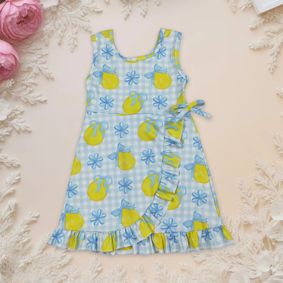 

Children Baby Girl Blue Checked Bows Lemons Kids Yoga Active Scallop Shorts Knee Length Princess Cute Dresses Clothes Wholesale