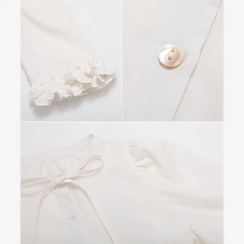 

Spring Summer 2023 Loose A-Line irt with Knot Tie Japanese Sle Ruffle Collar Long Sve Women's Faion Top