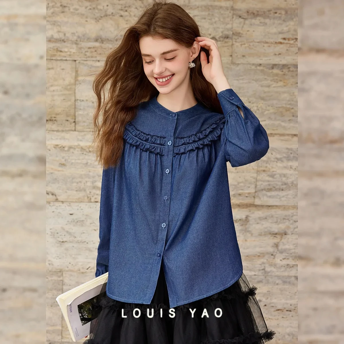 

LOUIS YAO Double-layer Ruffled Women's Blouses 2025 Autumn Cotton 100% Women Shirts Stand-up Collar Long-sleeved Shirt