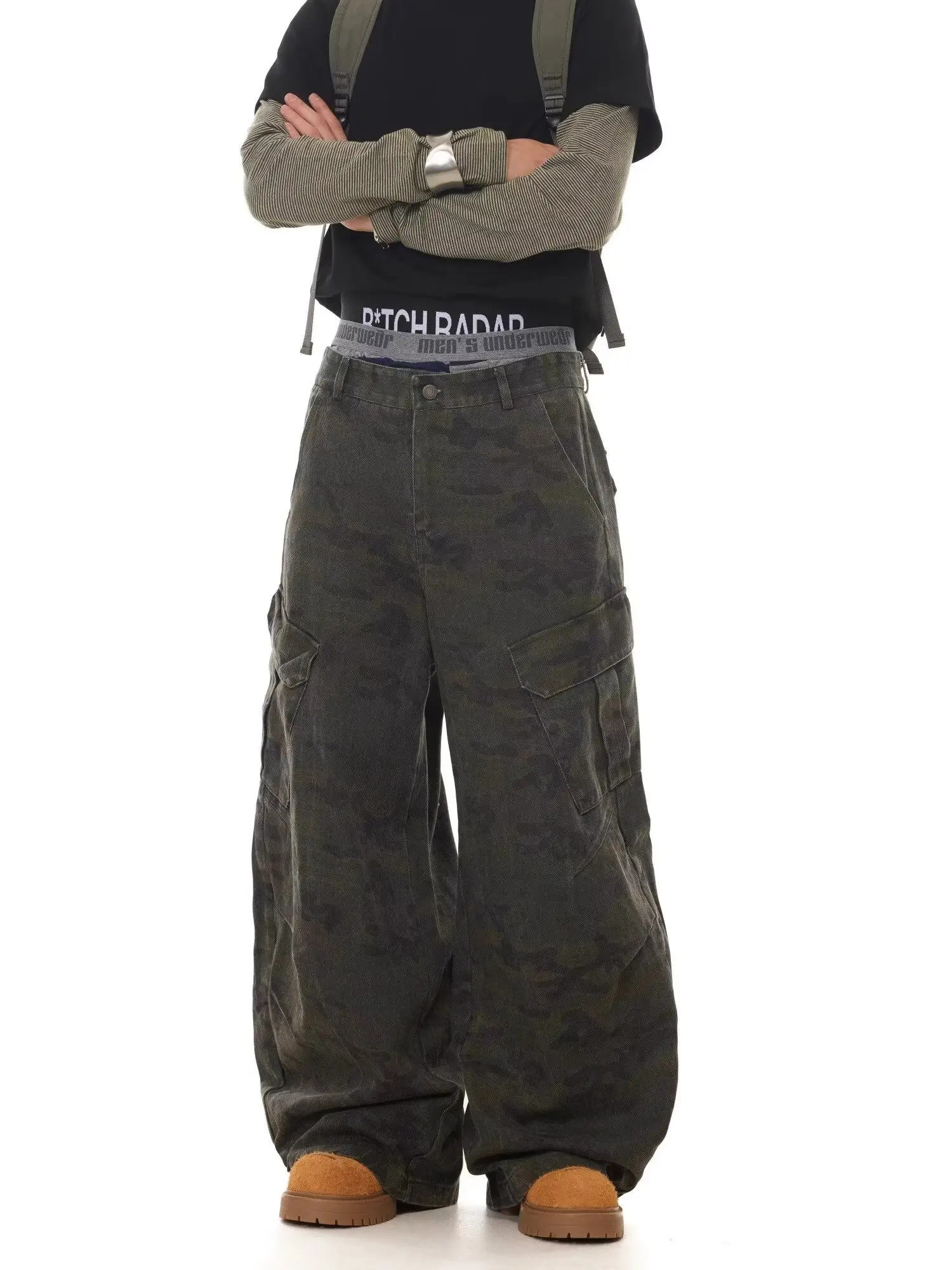 American Retro Multi-pocket Camouflage Silhouette Scimitar Jeans Niche Baggy Wide-leg Sickle Casual Pants Hoodies Men's Clothing