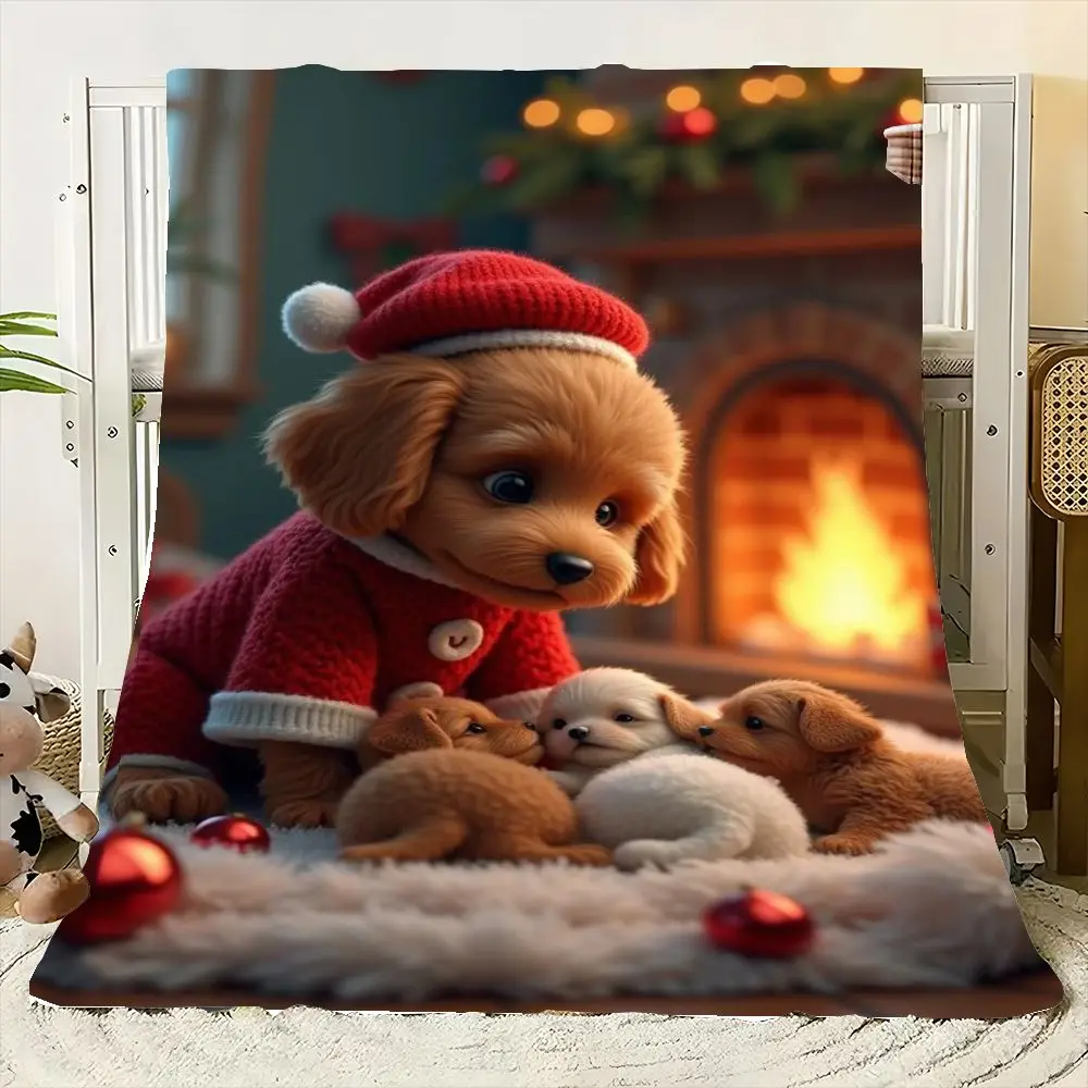 Cute Brown Puppy in Red Knit Sweater with Santa Hat on Soft White Fur Rug - Adorable Holiday Scene with Snuggling Puppies and Co