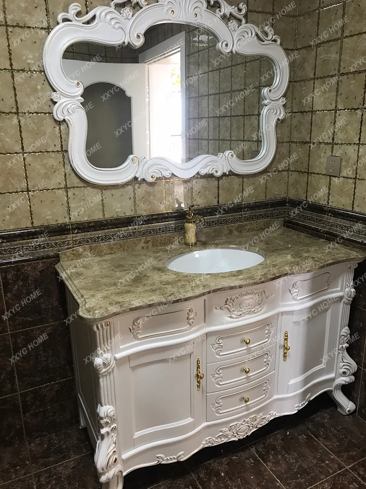 European Style Bathroom Cabinet Red Oak Antique Bathroom Cabinet Bathroom Solid Wood American Washstand Marble Wash Basin