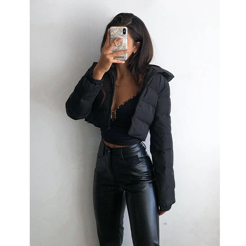 Women Outerwear Warm Long Sleeve Zipper Cropped Jacket Coat Solid Short Jacket Autumn Winter Female Puffer Parkas Jacket Mujer