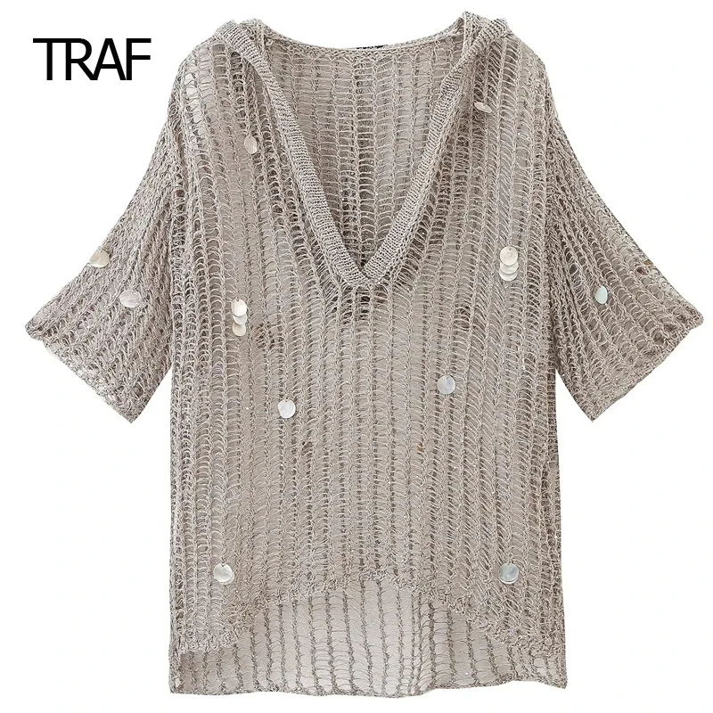 TRAF Female Tops Spring Summer 2024Sequins Cutwork Pullovers Women\'s Long Sleeve Top New Knitwear Korean Reviews Many Pullovers