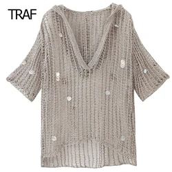 TRAF Female Tops Spring Summer 2024Sequins Cutwork Pullovers Women's Long Sleeve Top New Knitwear Korean Reviews Many Pullovers