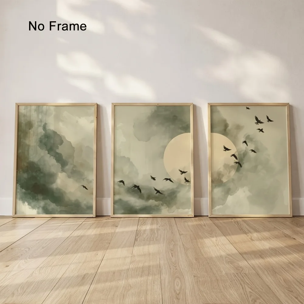 3pcs Frameless Bird Poster Printing,Sage Green Landscape Art,Zen Neutral Decor,Modern Inspiration Art Printing,Living Room Decor