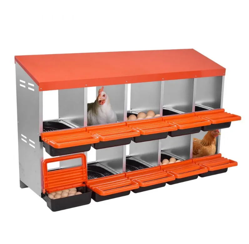 2 Tiers 10 Compartments Chicken Nesting Boxes Metal Egg Laying Boxes with Protective Collection Lids Roll Out Nesting Box
