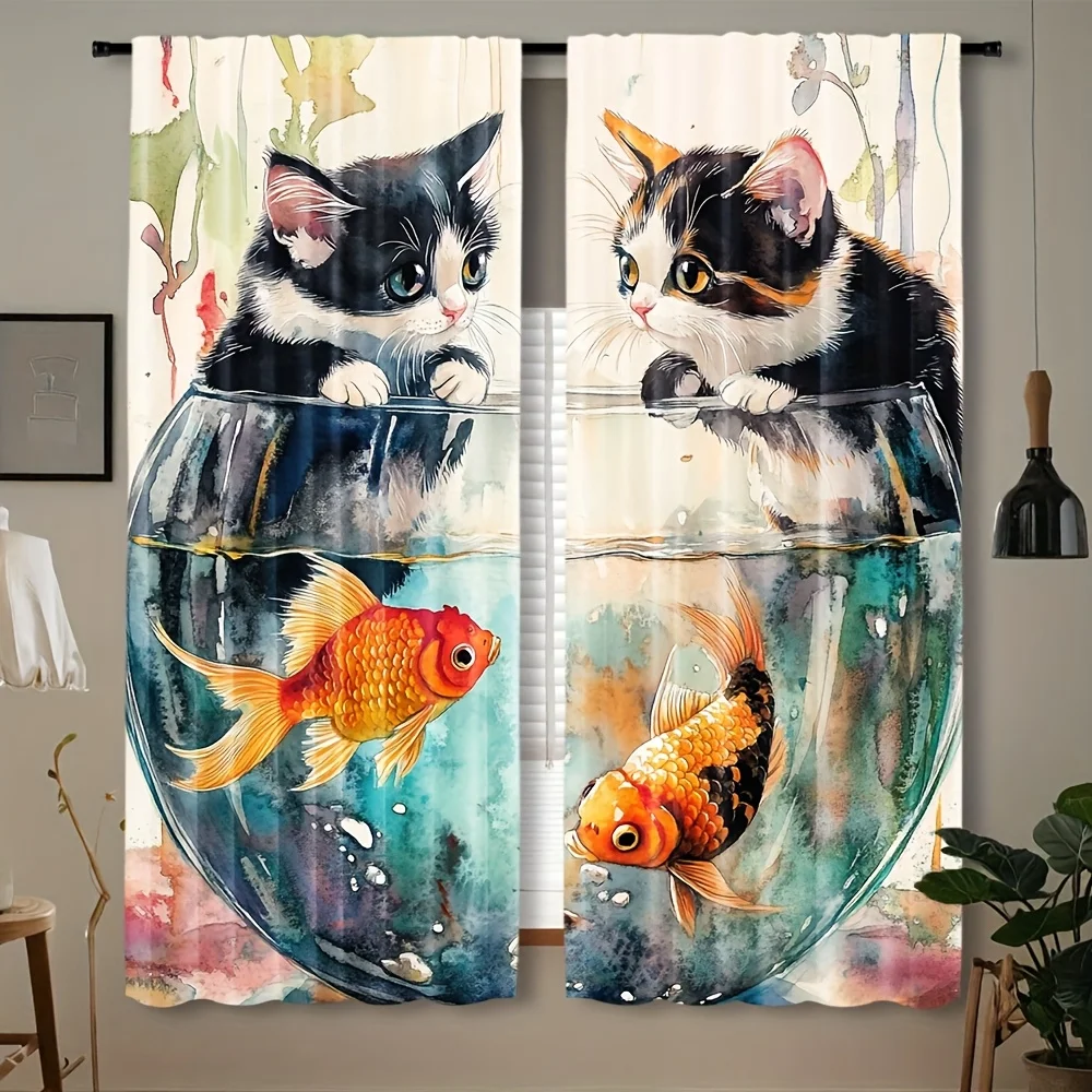 Cute Cat and Fish Aquarium Window Curtain Panels Watercolor Pet Lover Art Home Decor Living Room Window Dressing