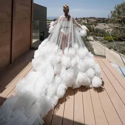 Luxury Ball Flowers Women Cape Party Robe Bridal Bathrobe Wedding Photo Shooting Dress Sheer Tulle Maternity Photography Dress