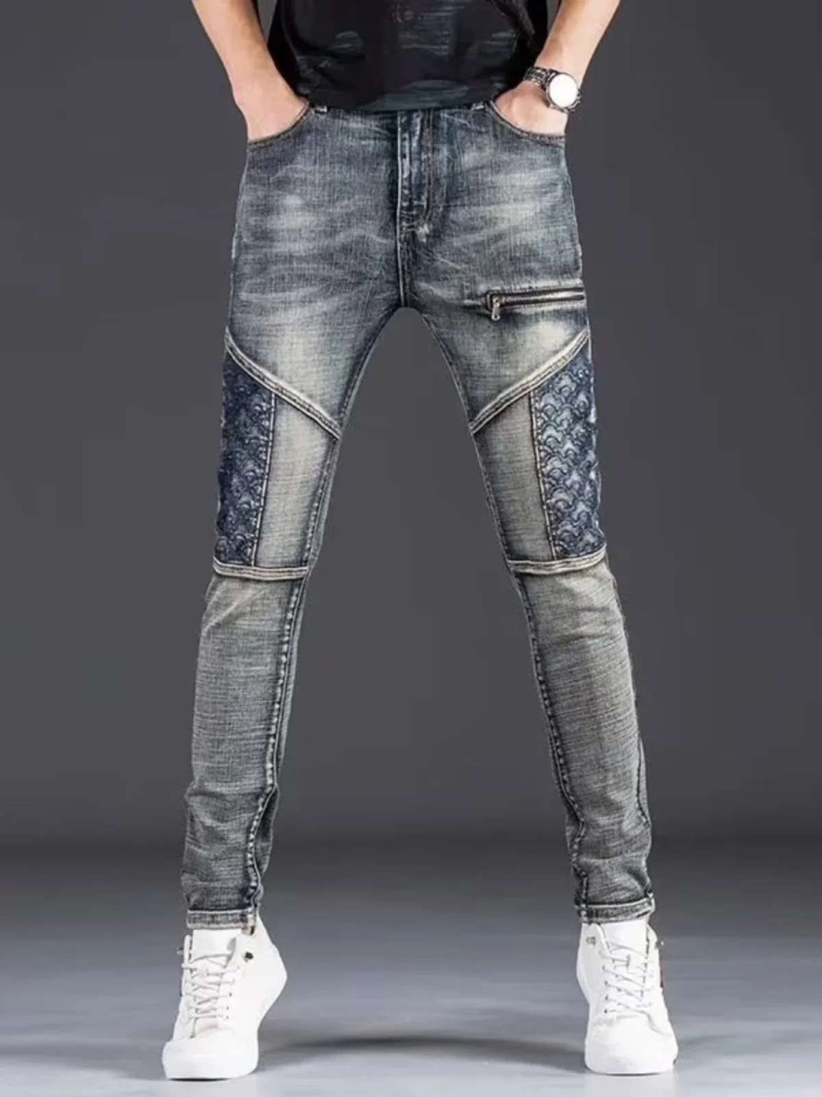 

Retro Sle Men's Slim Fit Jeans Spring Autumn New Trendy Brand Patchwork Biker Sle Elastic Ankle Length Cotton Stretch Denim