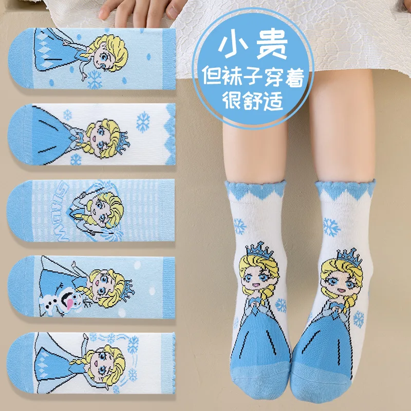 5Pairs Disney Elsa Kindersokken Cartoon Anime Prinses Elsa Meisjes Sokken Katoen Lente Herfst Winter Midden Buis Sokken Geschenken