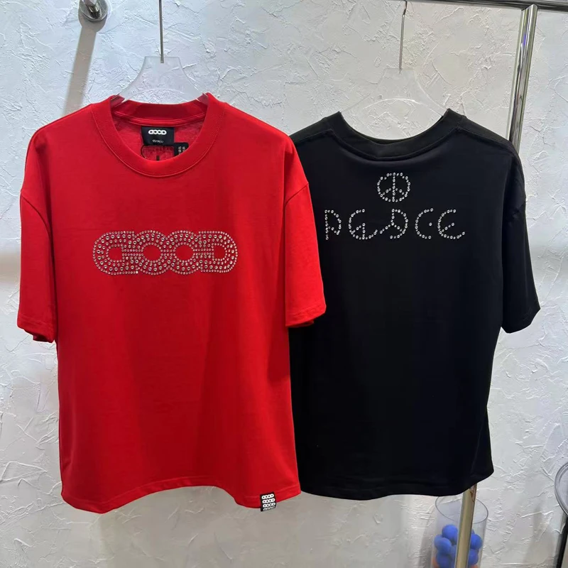 

Black Red Goodbrand Embroidery Bead Rhinestone Letter T-shirt Men Women Streetwear Casual Short Sleeve Round Neck T Shirt Tops