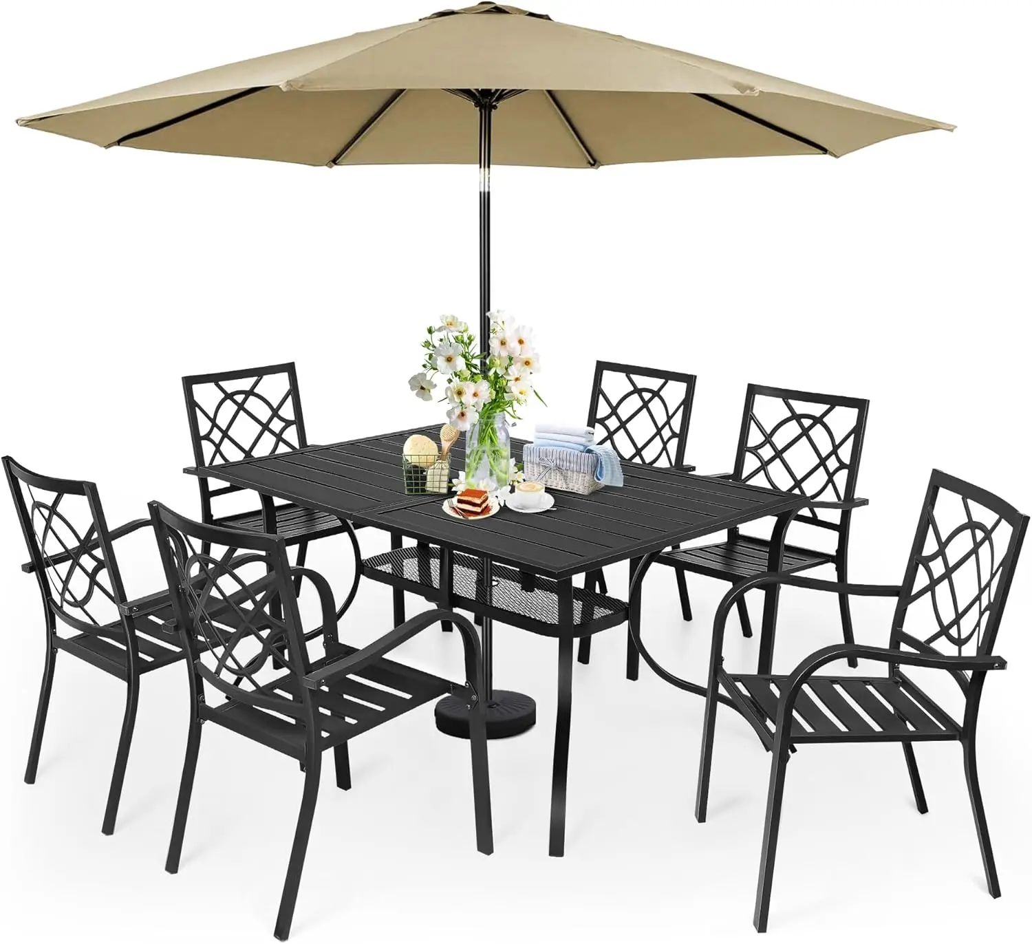 7-Piece Outdoor Wrought Iron Chairs and Table Patio Dining Furniture Set - 6 Stackable Metal Chairs, 1 Steel Slat Bistro Table