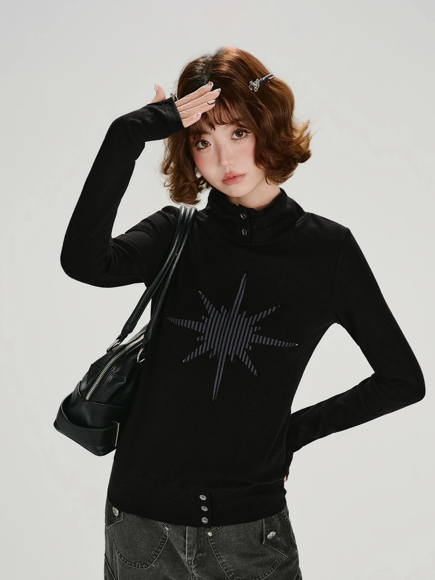 

Girly American Retro Spicy Girl Bla Brued Stand Collar Long Sve T-irt Women's Spring New Waist Cinching Top