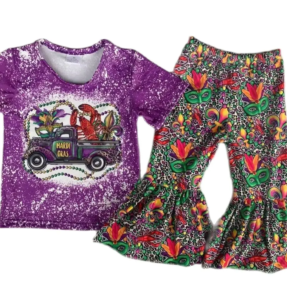 Children Spring Selling Little Miss Mardi Gras Outfit Girl Short Sleeves Purple Mask Bell Bottom Pants Sets