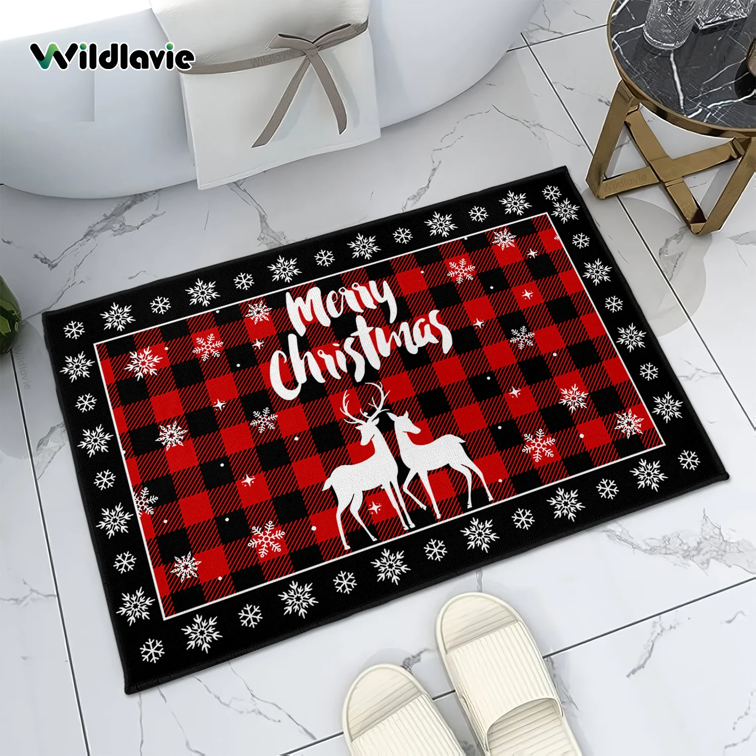 VIKAMA Tappeto zerbino natalizio a tema, tappeto ingresso soggiorno a quadretti rossi resistente all'usura, decorazione natalizia
