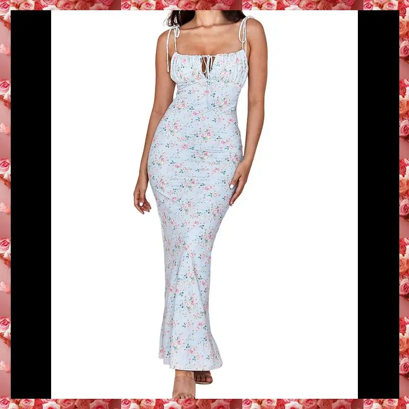 Abito lungo aderente floreale estivo da donna Abito lungo bohémien senza maniche con cinturino per spaghetti
