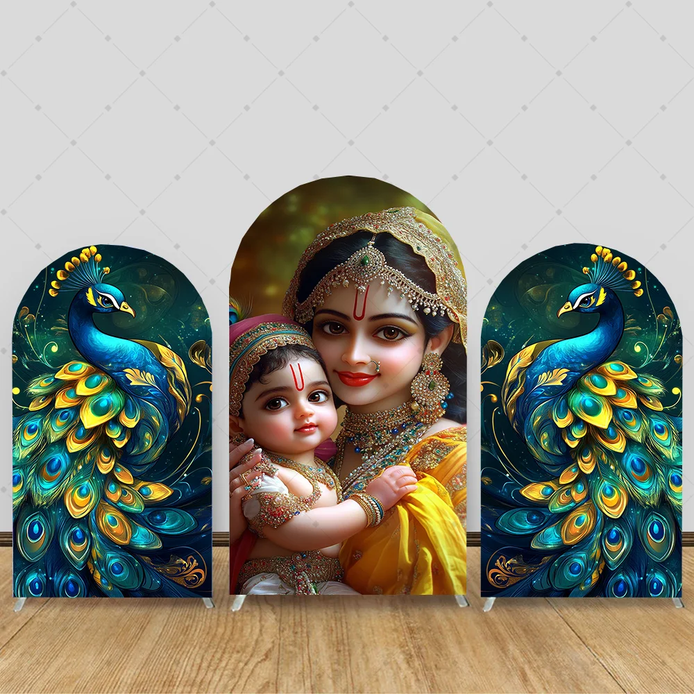

Arched Wall Background Peacock Baby Shower Arch Backdrop Cover Indian Krishna and Radha Floral Tree Birthday Party Decors Gender