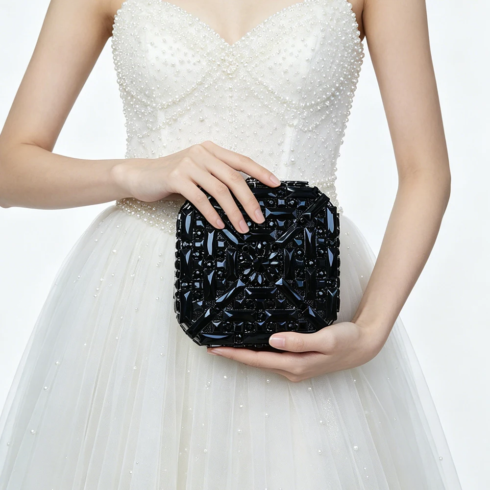 Square Glass Diamond Evening Clutch Purse WHTUOHENG  Luxury Women Crystal Bags Wedding Party Handbag Bridal Metallic Minaudiere