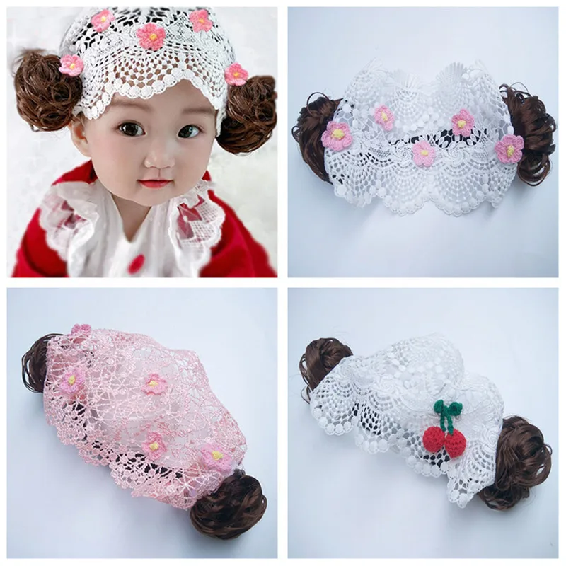 

Baby Wigs Hairbands Cute Cherry Flower Princess Girl Curly Hair Wigs Headband Korean Headwear for Girl Kids Photography Props