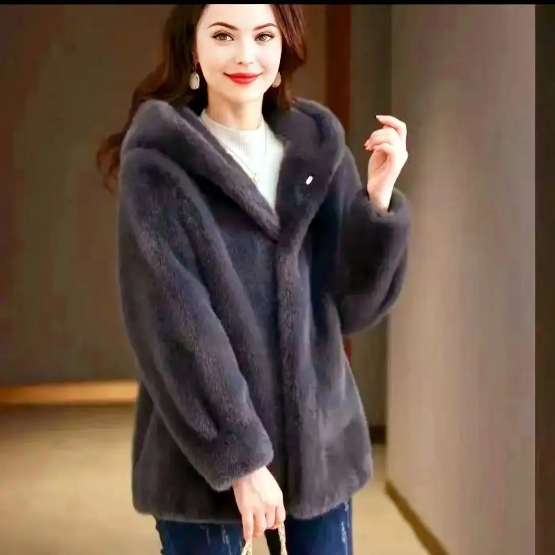2027 Winter New Mink Fur Coat Female Long Mink Cashmere Jacket Women High Quality Outwear Hooded Padded Outcoat Ladies Tops