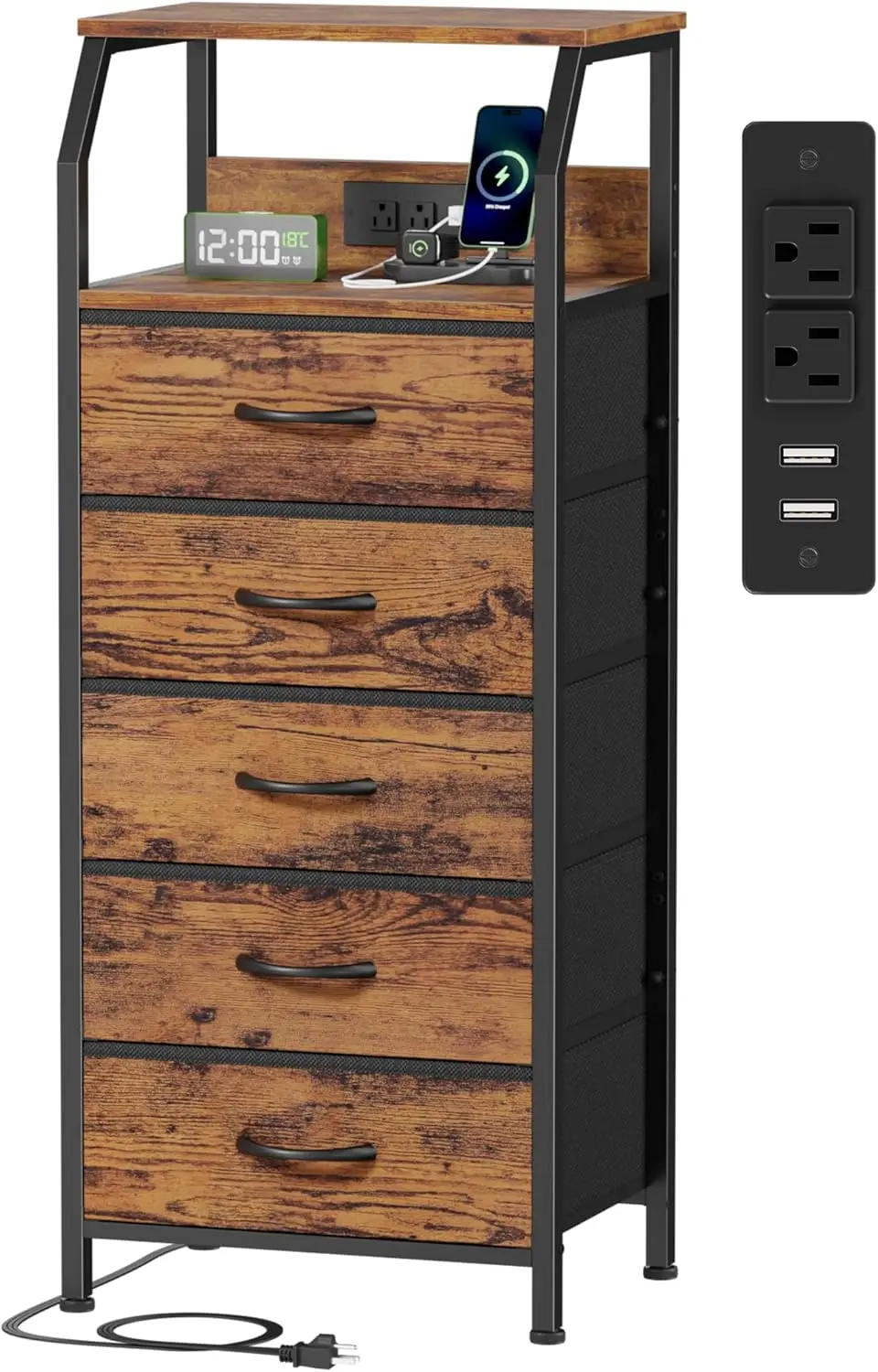 

5-Drawer Dresser with Charging Station, Tall Night Stand, Fabric Chest of Drawers, Bedroom Furniture, Rustic Brown