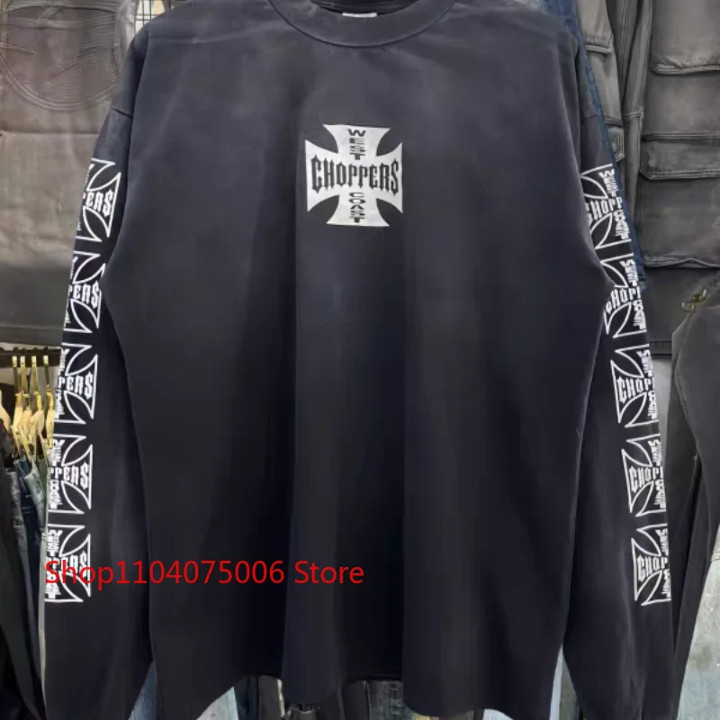Vintage Washed Oversized Langarm-T-Shirt für Herren mit Vorder- und Rückseiten-Kreuzdruck, Biker-Shirt mit langen Ärmeln