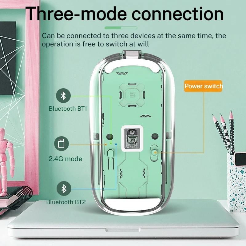 Transparent Wireless Mute Mouse Three Mode Four Gear Dpi Mute Shaft Battery Strong Endurance Game Notebook Desktop Computer