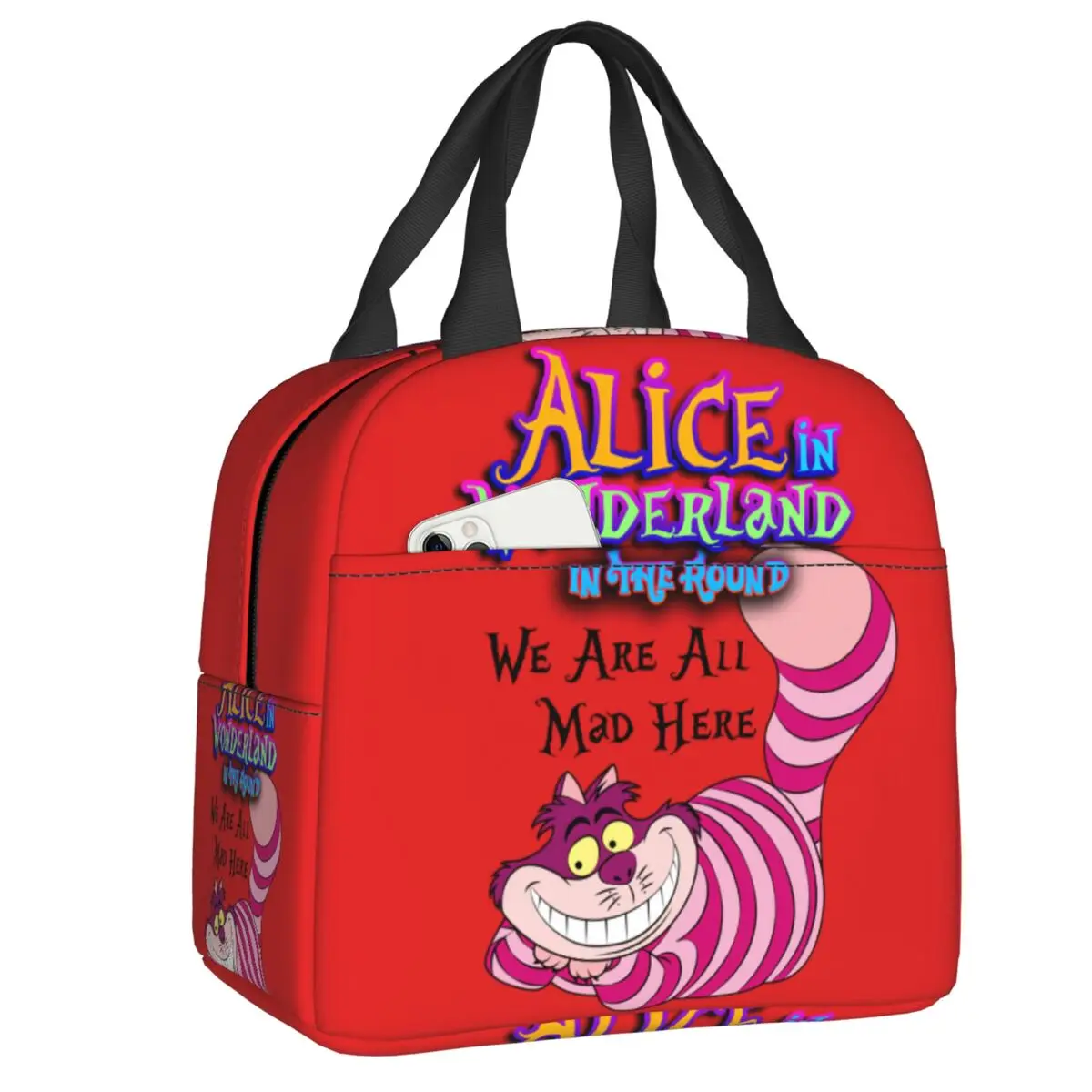 

Custom Alice In Wonderland Insulated Lunch Bag for Women Resuable Cheshire Cat Cooler Thermal Lunch Box Beach Camping Travel