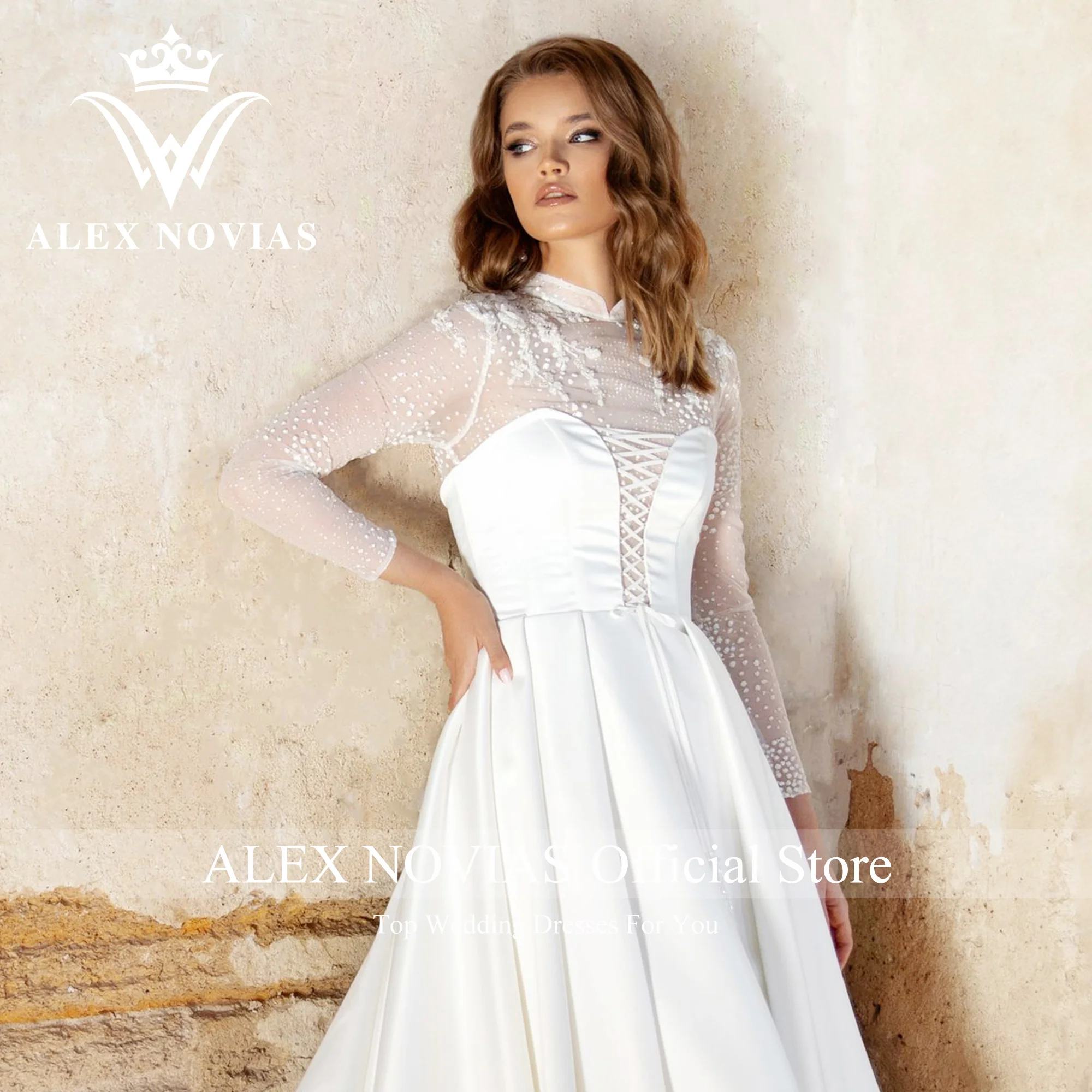 ALEX novias ชุดแต่งงานแขนยาวผ้าซาติน2023สูงโรแมนติก appliques ภาพลวงตา A-Line ชุดเจ้าสาว vestidos novias de saten