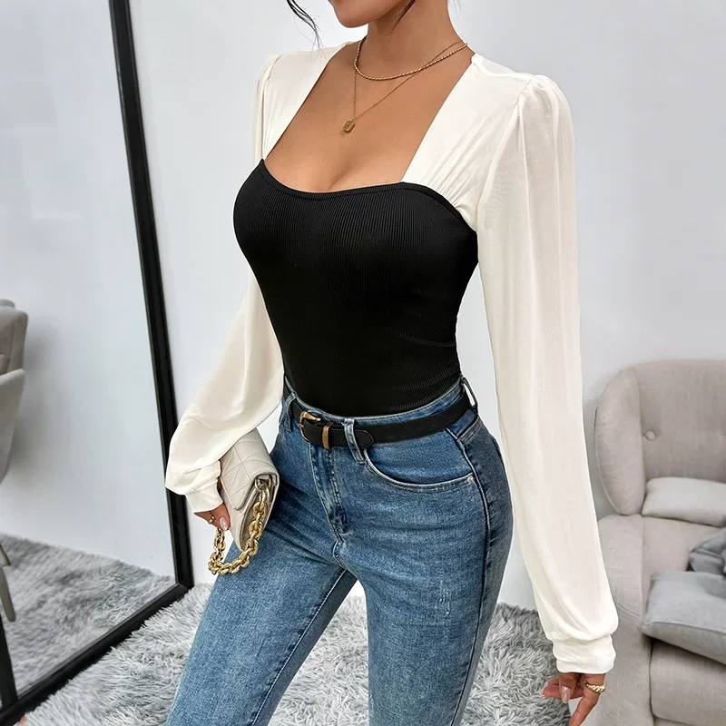 2026 Spring and Autumn Light Jumpsuit Square Collar Long Sleeve Black and White Contrasting Jumpsuit