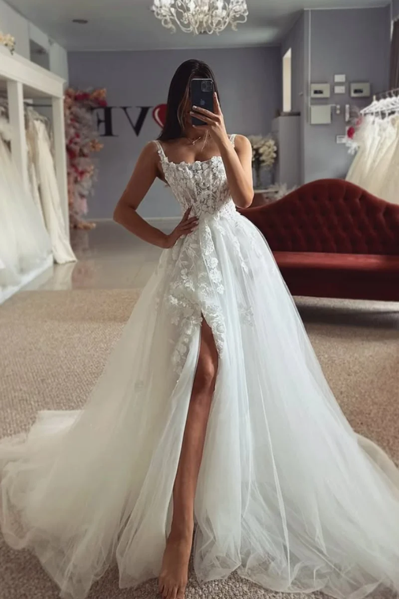 Jessica Lace Embroidery Evening Dresses Gorgeous White Prom Dresses  Side Slit Tulle For Women Wedding Party Dress Customized